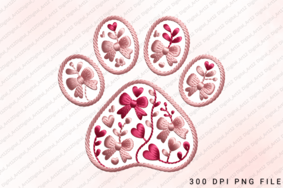 Pink Bow Paw Print, Embroidery Style Pet
